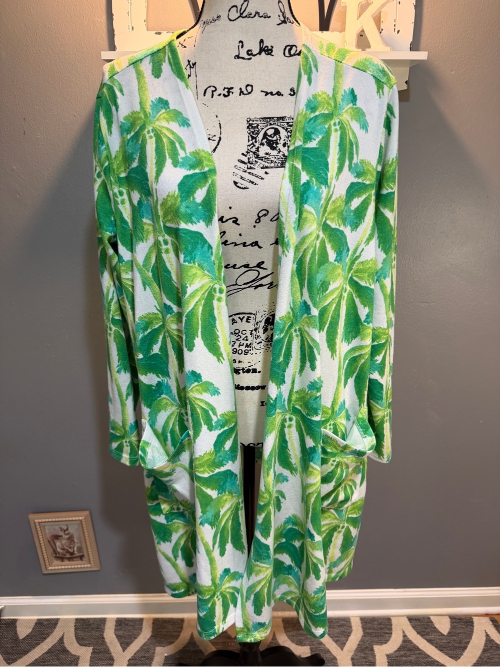 LULAROE GREEN/WHITE PALM PRINT OPEN FRONT CARDIGAN SZ XL